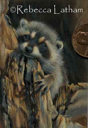 Rebecca Latham's new miniature watercolor painting - This is a new little miniature watercolor painting I have been working on.  It's a baby raccoon in a tree hollow.  The size is 1-7/8in X 2-3/4in.
