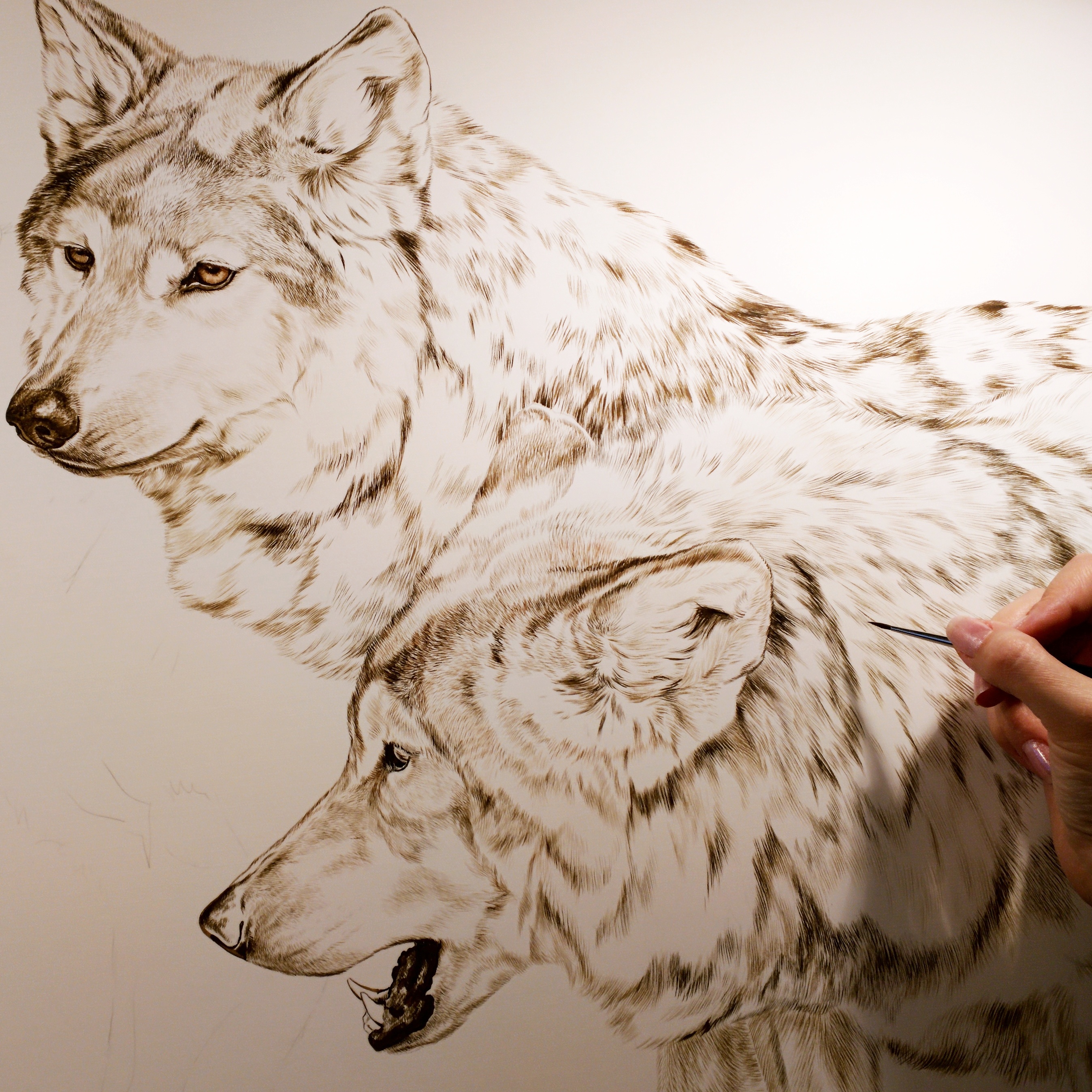 Another snapshot of the new painting of wolves in progress, detail part